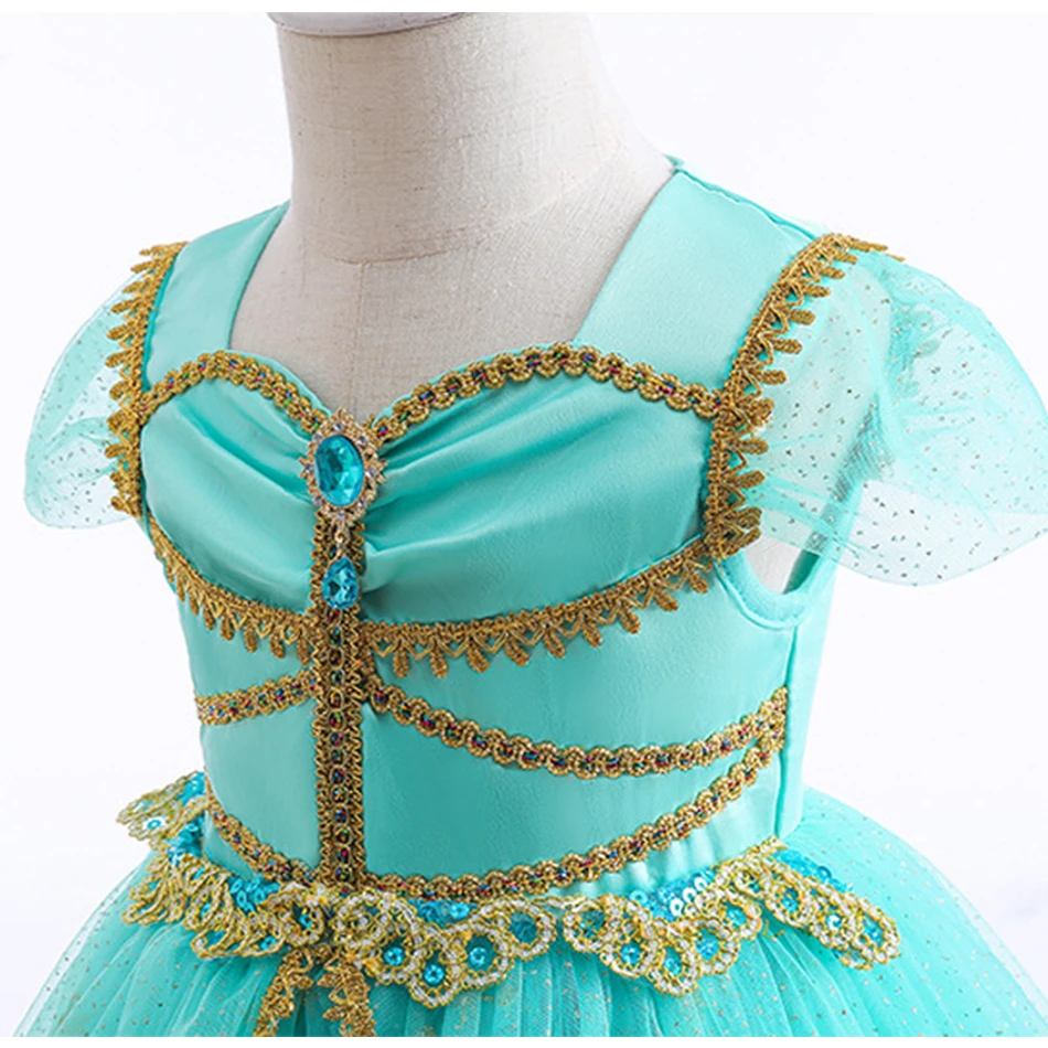 Girls Jasmine Princess Dress Aladdin Inspired Arabian Costume Turquoise Tulle Tutu Dress for Kid Halloween Cosplay Birthday Gift 5