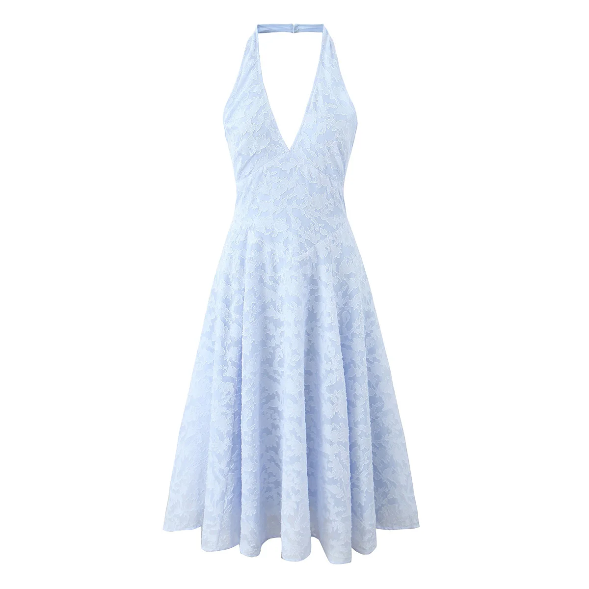 2024 Holiday Blue Jacquard Weave Halter V Collar Sling Midi Dress Women Low Waist A-Line Pleated Swing Backless Robe Beach