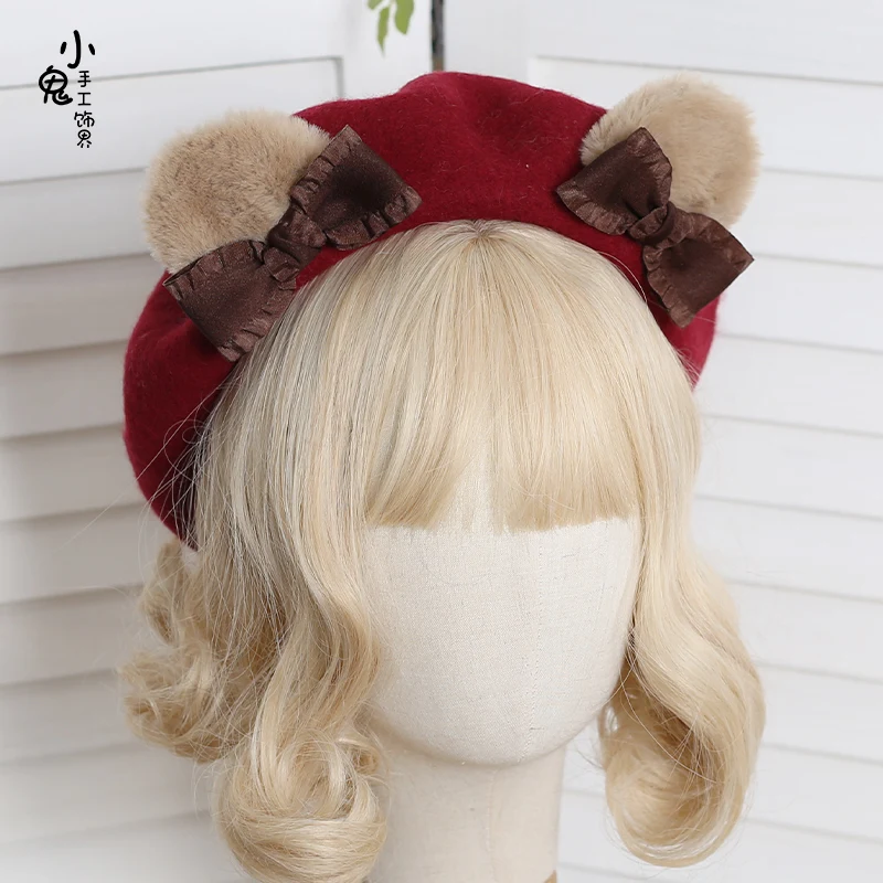 Japanese cute bear ears beret female cute girl woolen bow painter hat warm hat winter