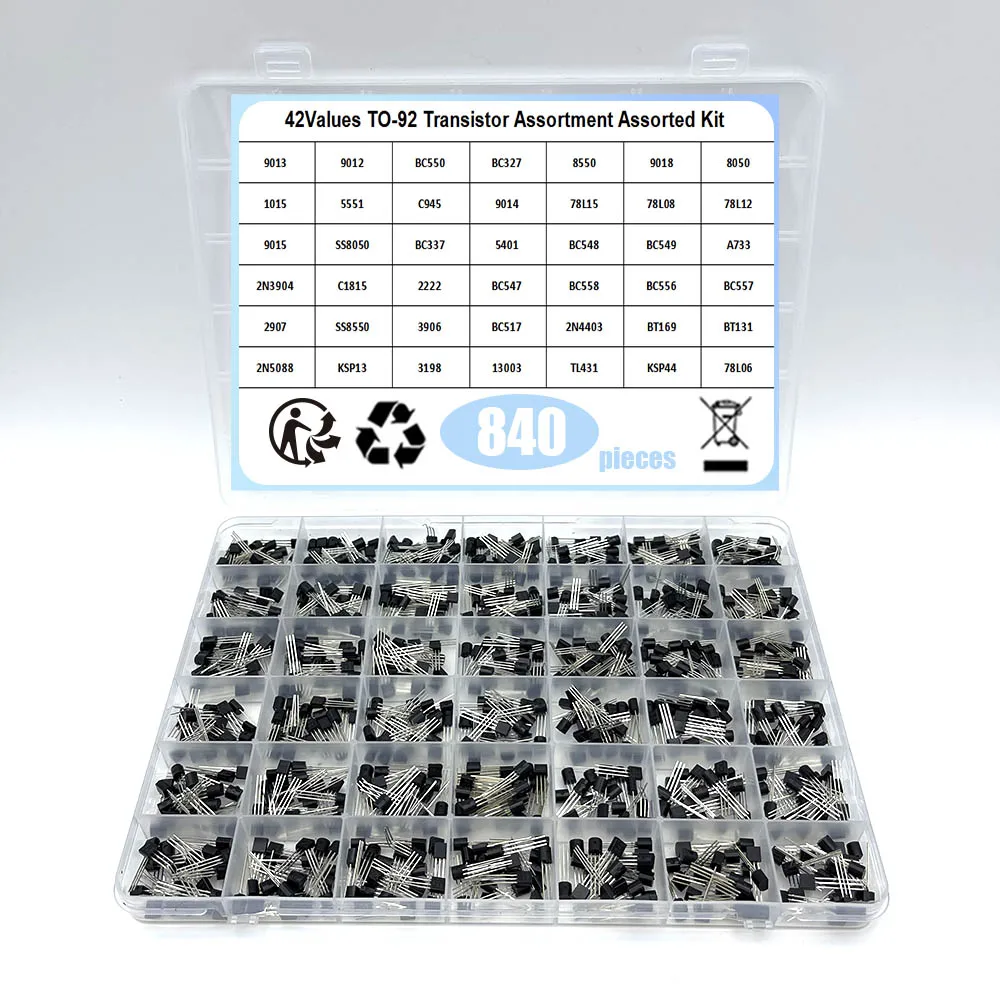 42Values Transistors kit NPN PNP S8050 S8550 S9012 2N3904 2N3906 C1815 A1015 MJE13001 BC327 BC337 BC517 BC547 BC548 BC549 BC558
