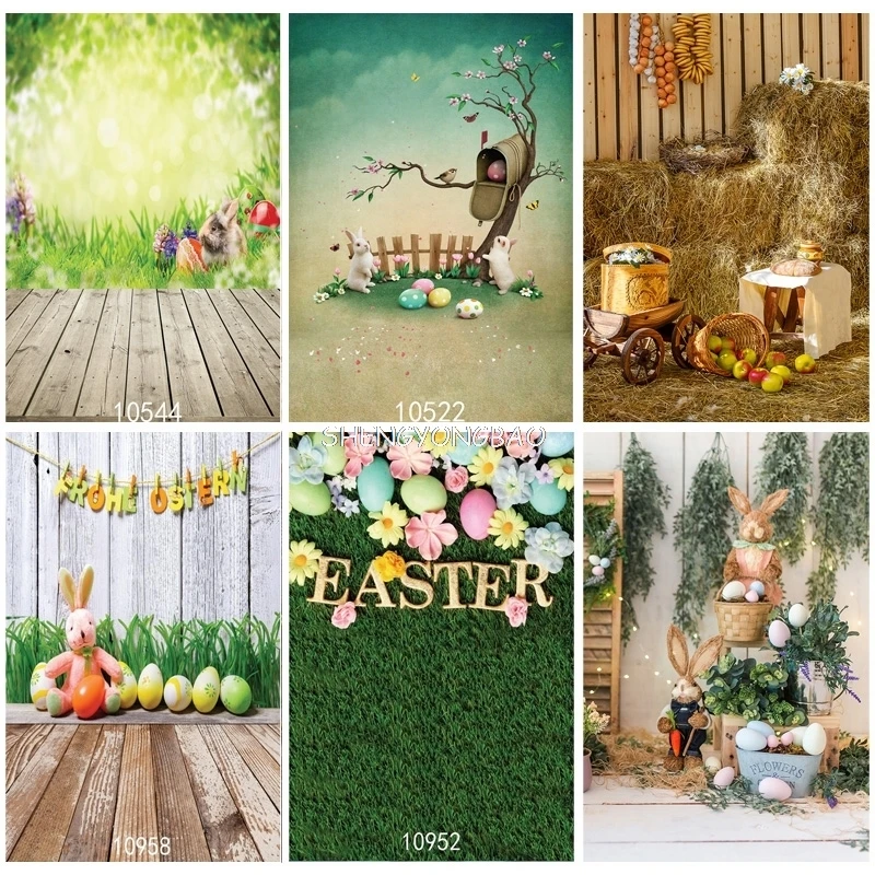 

SHENGYONGBAO Spring Easter Photography Backdrop Rabbit Flowers Eggs Wood Board Photo Background Studio Props JHF-03