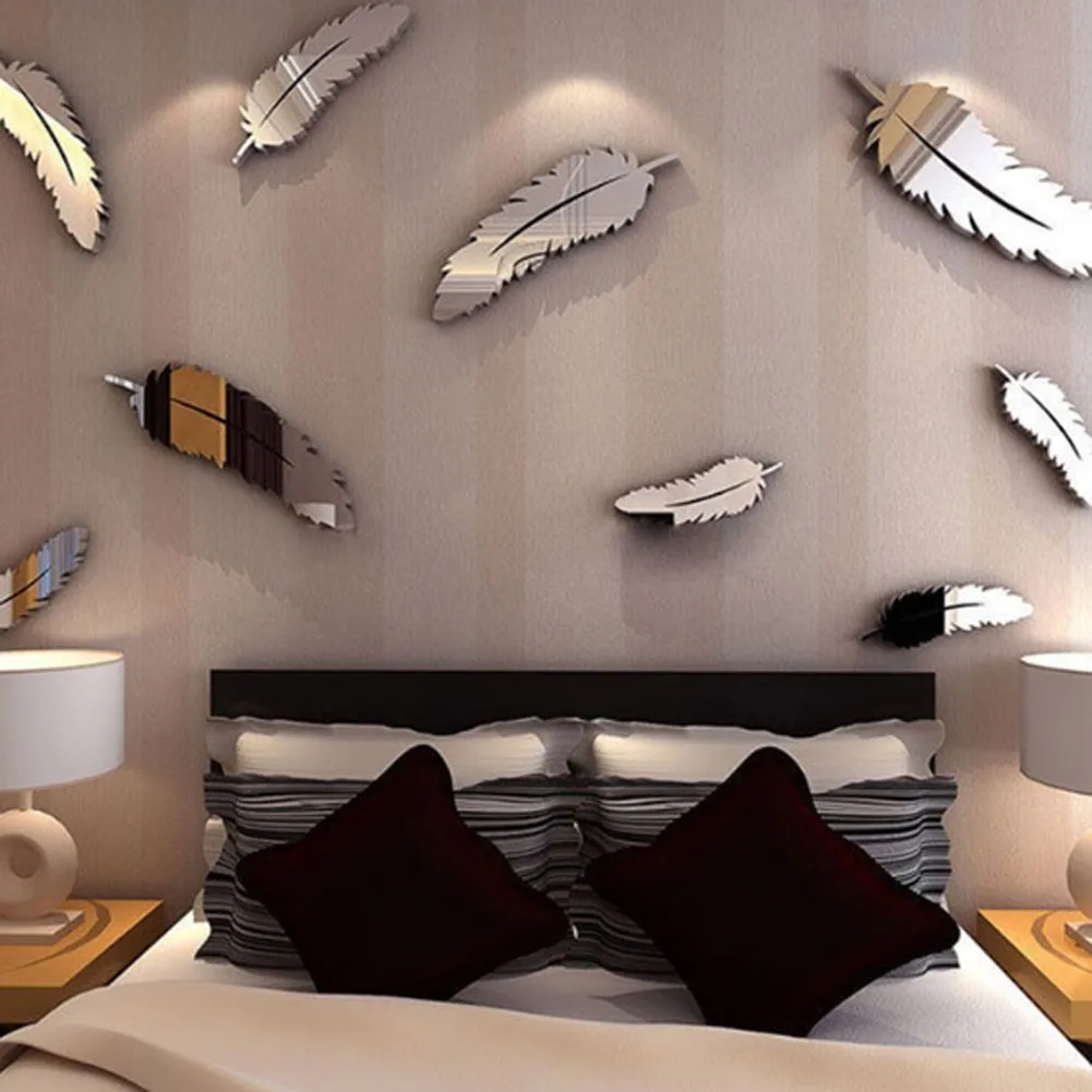 8pcs Feather Mirror Wall Decor Romantic Home Decor Mirror Decorative Wall Sticker Living Room Decoration Mirrored Furniture