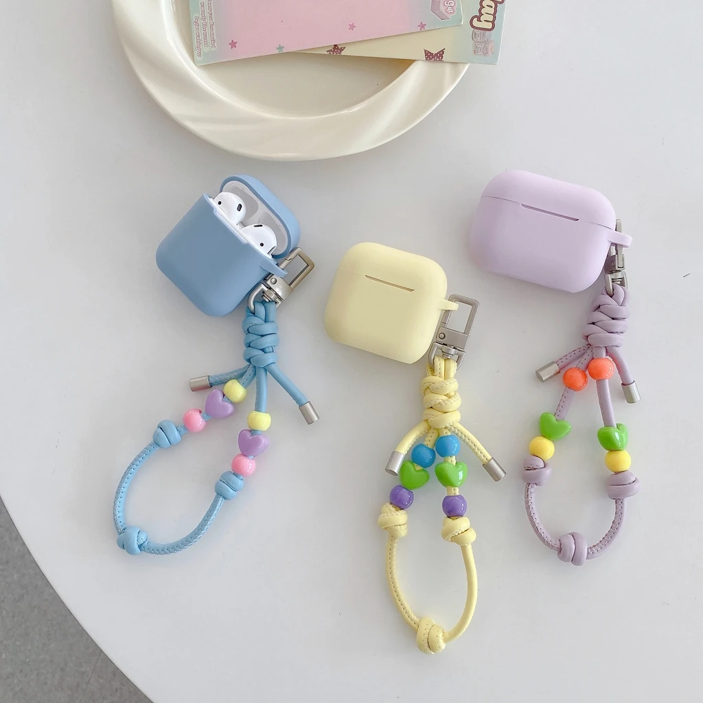 Dopamine Solid Color Soft Silicone Colorful Beaded Faux Leather Lanyard Earphone Cover Case for AirPods 1 or 2 3 4 5 Pro 2 Pro 3
