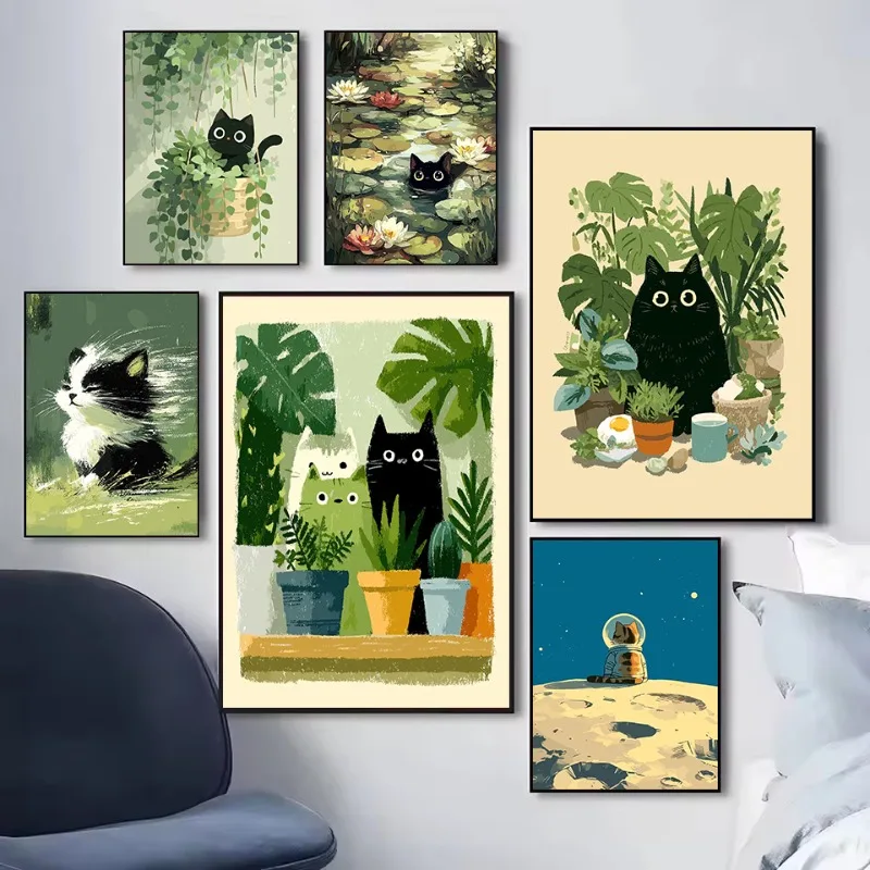 Abstrakte Niedliche Schwarze Katze mit Hängenden Grünen Pflanzen Tierillustration Ästhetisches Poster Leinwandgemälde Wandbilder Wohndekoration