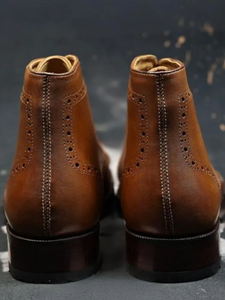 Retro Style Cowhide Round Toe Lace-Up Ankle Boots Solid Color Genuine Leather Brock Carving Male Fashion High Top Footwear