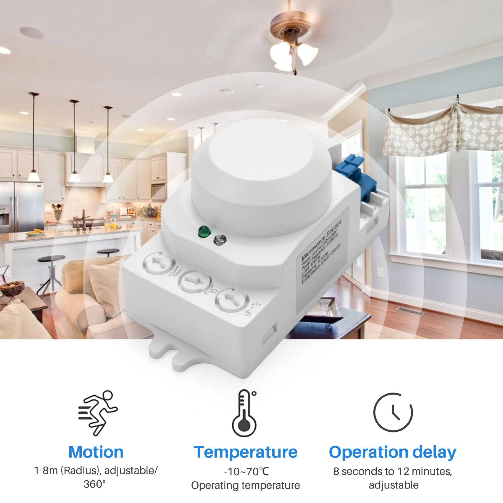 Sistema HF de 5,8 GHz LED para microondas, Sensor de movimiento de 360 grados, interruptor de luz, Detector de movimiento corporal, blanco