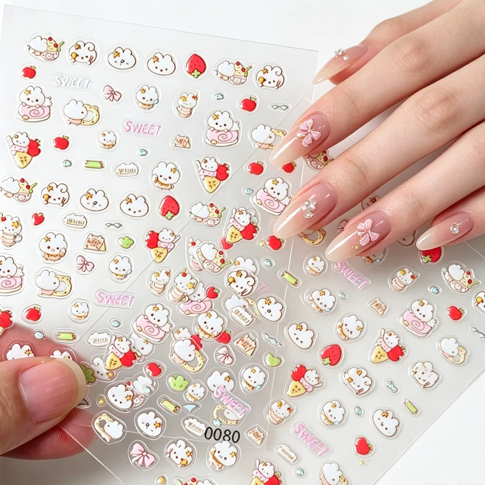 1pcs Cartoon Cat Rabbit Bowknot Nail Stickers Cute Strawberry Bunny Black Cat Nail Decals Kawaii Animals Fruits Manicure Sticker
