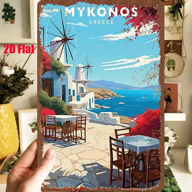 2D Flat - 1pc 2D[Flat] Metal Sign Greek Mykonos Island Landscape Tin Painting, 8X12 Inches/20X30 Cm, Depicting Charming Views of