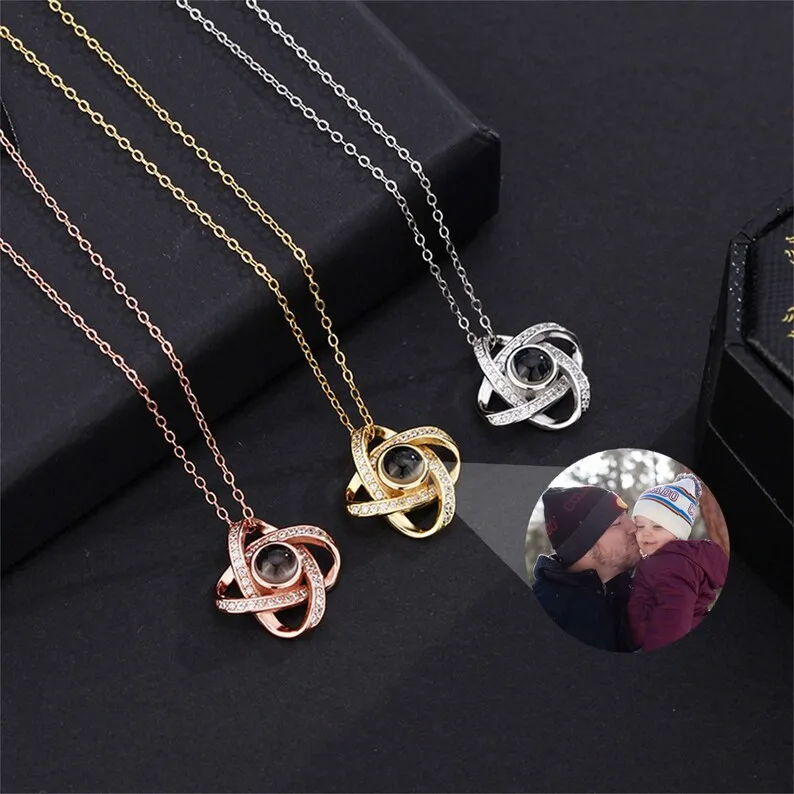 

925 Silver Lucky Four-leaf Clover Projection Necklace Customized Memorial Photo Pendant Personalized Picture Jewelry for Women