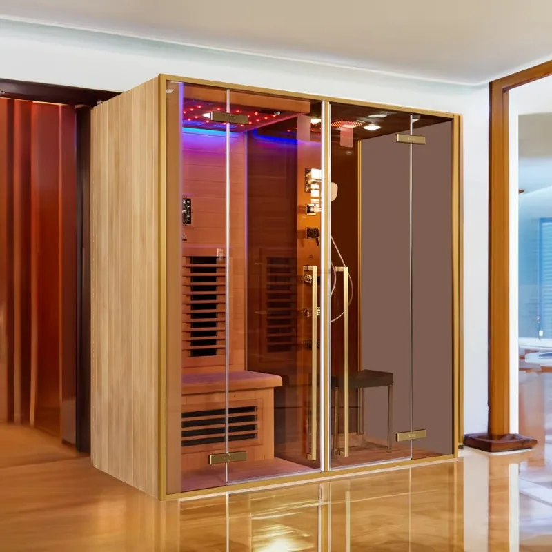 Solid Wood 2 Person Dry Steam Far Infrared Sauna And Shower Room Combination Luxury Wood Red Light Infrared Steam Sauna