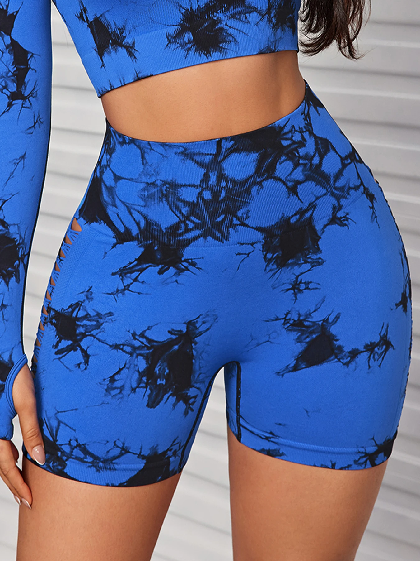 CHRLEISURE Sexy Butt Lifting Cycling Shorts High Waist Tie Die Hollow Yoga Shorts Elastic Fitness Three-Quarter Sport  Pants