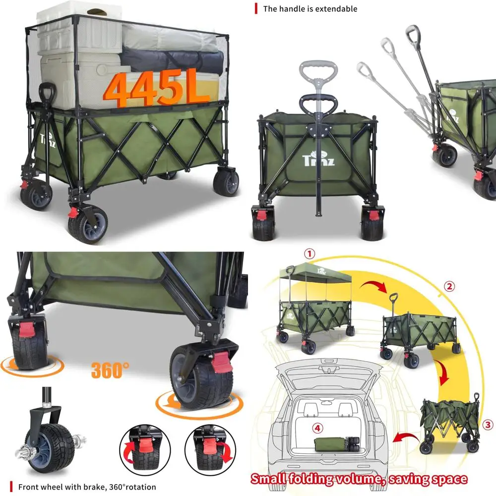 

Extra Large 445L Heavy Duty Foldable Outdoor Utility Cart with All-Terrain Wheels, Canopy, and Basket for Maximum Convenience