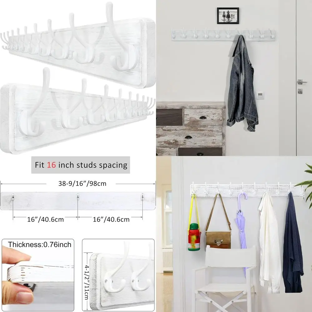 

Wall-Mounted Coat Rack with 10 Hooks, 38.9 Long, 16 Hole Spacing, White, 2-Pack