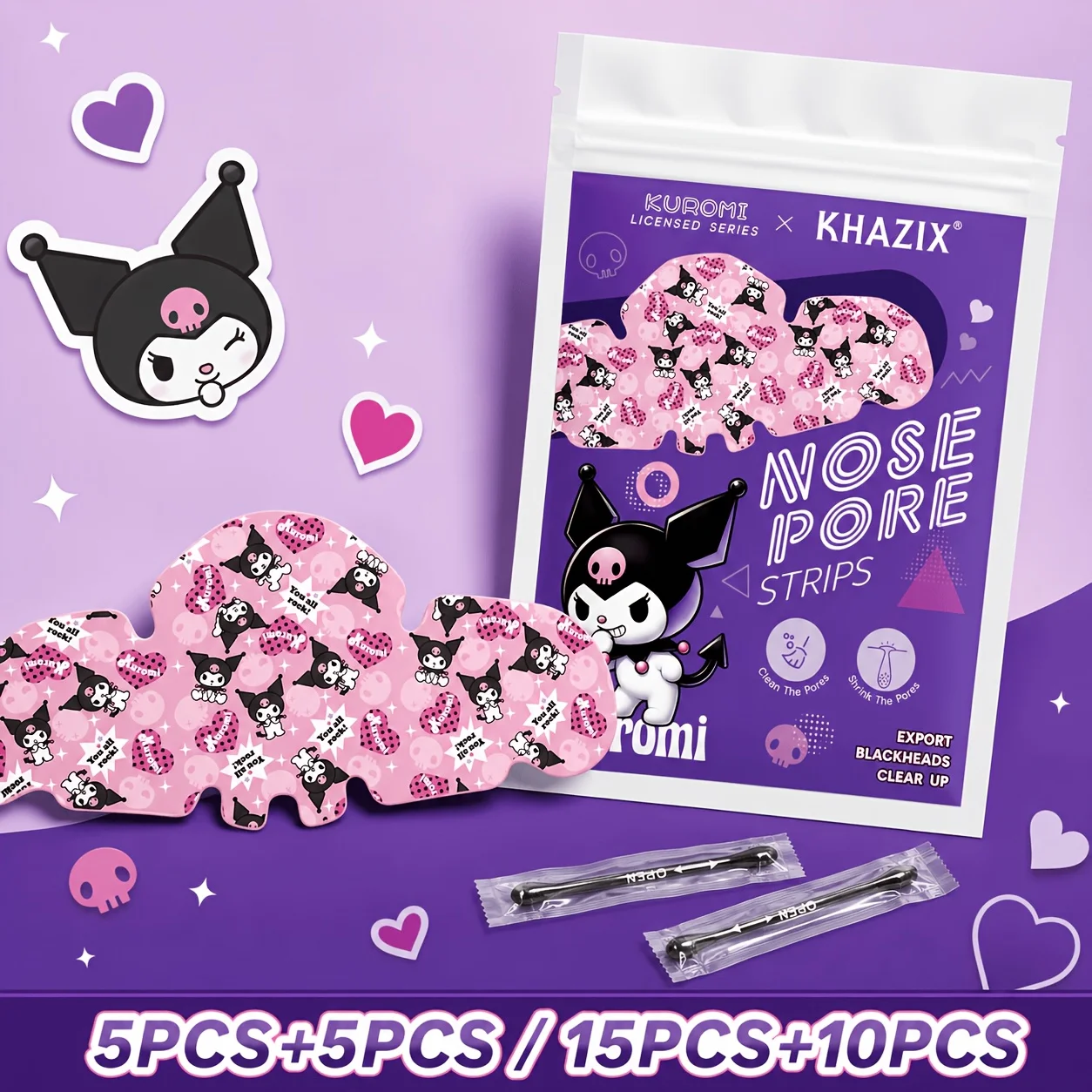 5PCS+5PCS/15PCS+10PCS Kuromi Purple Nasal Patch,deeply cleanses,smooths and tightens pores,gentle and non-irritating to the skin