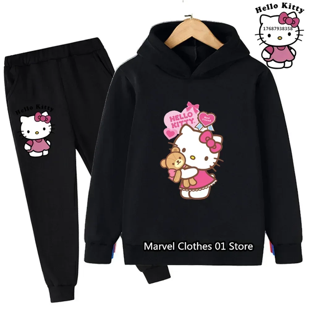 New Sports Pullover Kawaii Sanrio Hello Kitty Cute Anime Hoodie Girl Coat+Pants 2P Boys 3-14Y Birthday Gift Casual Jogging Set