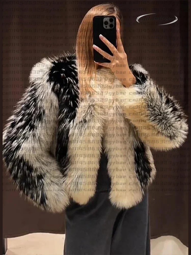 Stylish Contrast Faux Fur Women Coat Elegant O-neck Single Breasted Full Sleeve Female Coats 2026 Autumn Winter Chic Lady Jacket