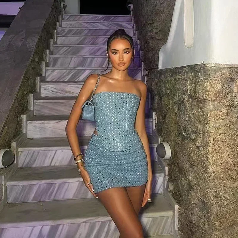 BWQ Women Blue Sequined Denim 2 Piece Sets Sexy Strapless Top Stylish Woman Mini Skirt Sets Tweed Set Summer Nightclub Outfits