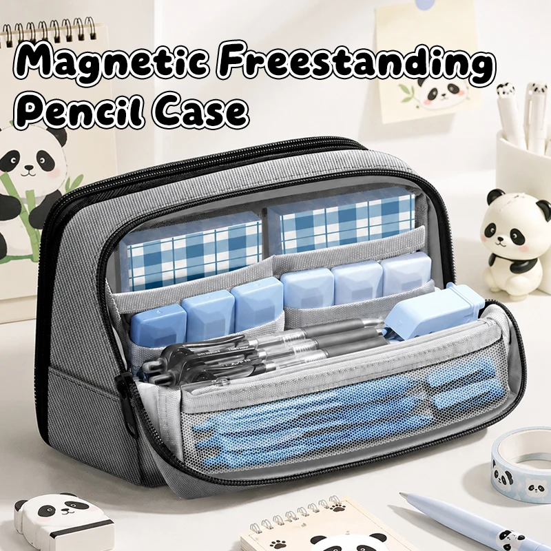 11-Layer Magnetic Stand Pencil Case with Panda Brooch Stickers Keychain