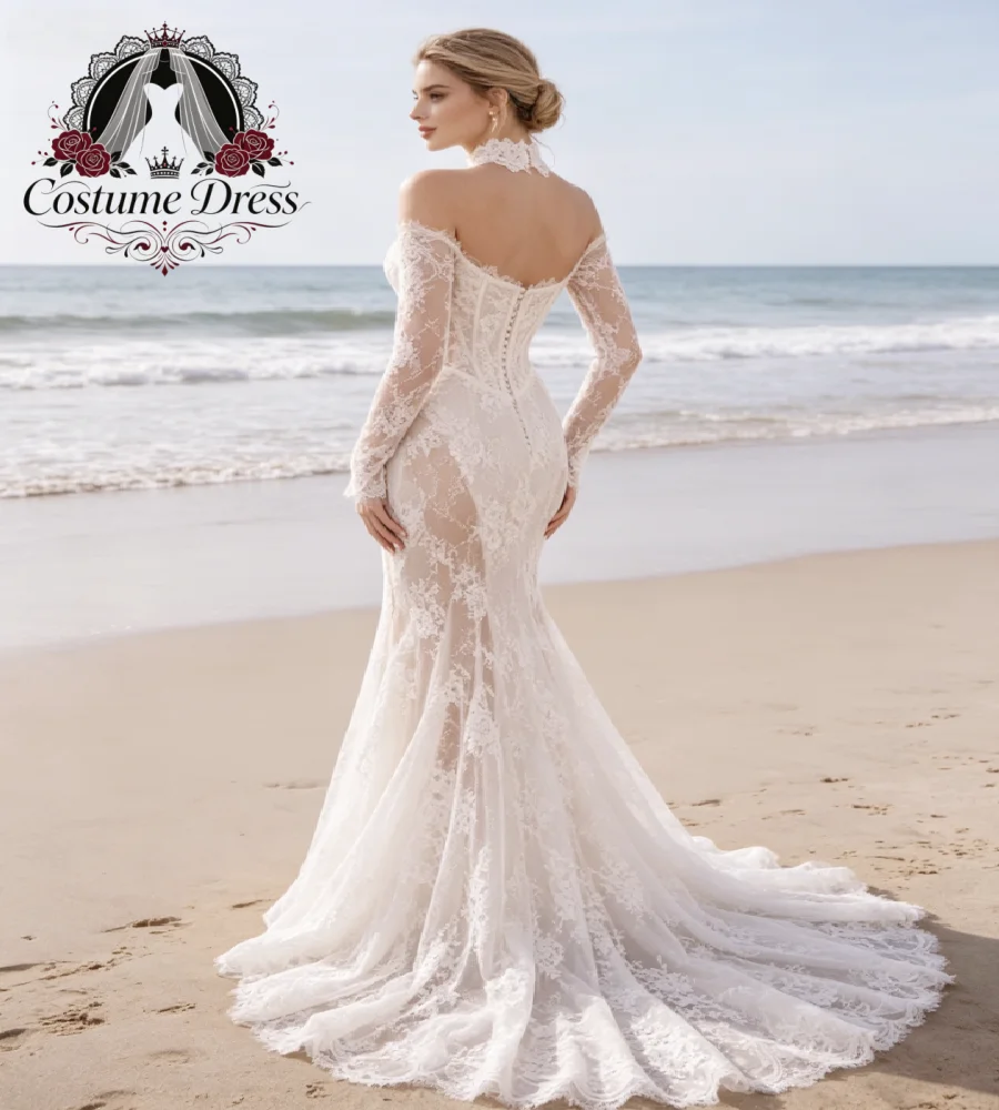 Romantic Off Shoulder Mermaid Wedding Dress Sheer Lace High Lace Choker Neck Boho Beach Bridal Gowns 2027 Corset Bodice Custom