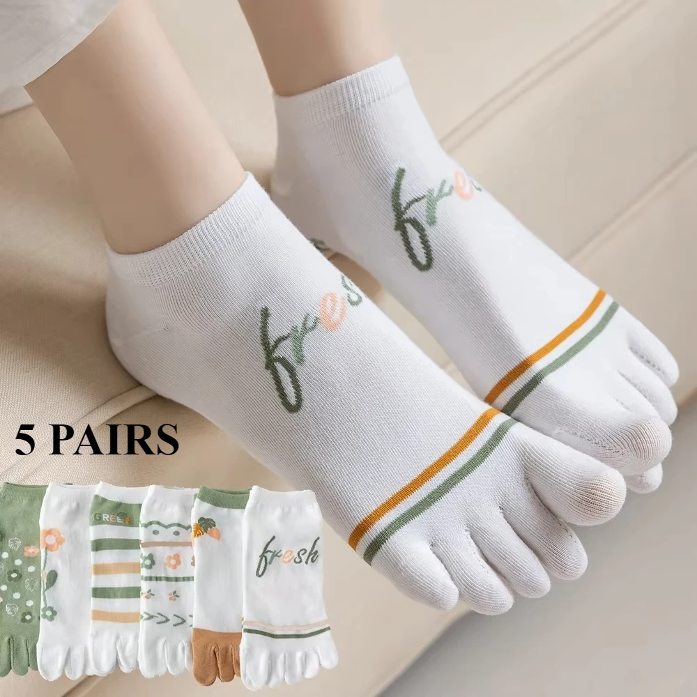 

5 Pairs Floral Toe Socks Women Summer Spring Kawaii Five Finger Socks Ladies Cute Cotton Ankle Socks with Separate Fingers