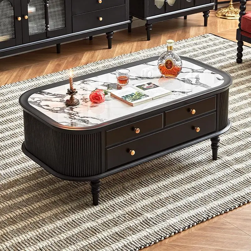 Coffee table premium black retro solid wood rock slab storage home living room oval coffee table