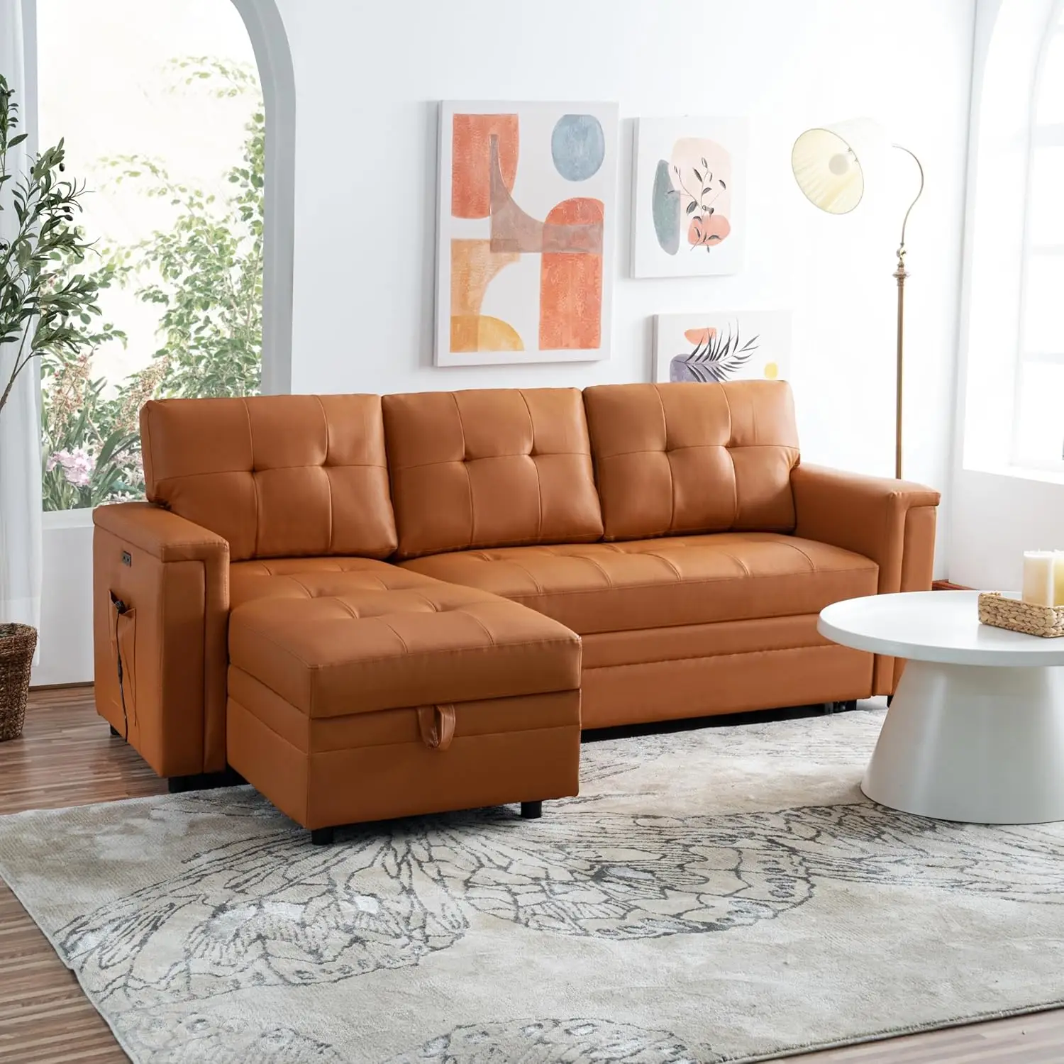 Lily Reversible Sleeper Sectional with Storage and USB Ports - Caramel, Air Leather