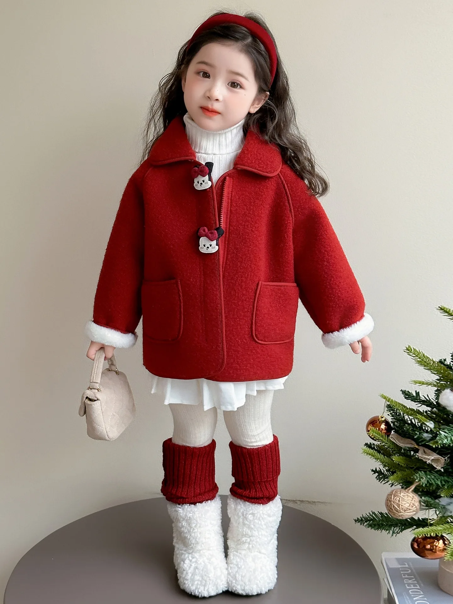 

Girls' Plush Coat Disney Mickey Mouse Red Long Sleeved Coat 2025 Autumn Winter New Sweet Cute Fashionable Versatile Warm Coat