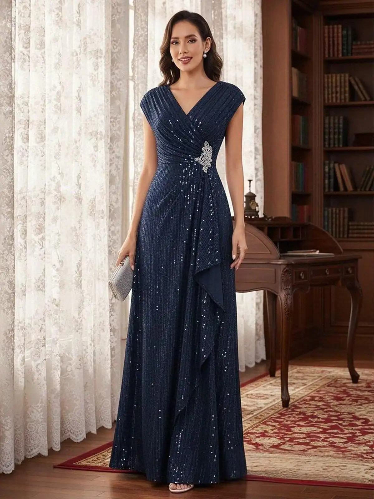 

Customized Sequin Long Mother of the Bride Dress 2026 V-neck Sparkle Formal Wedding Guest Dress Elegant Evening Party Gowns