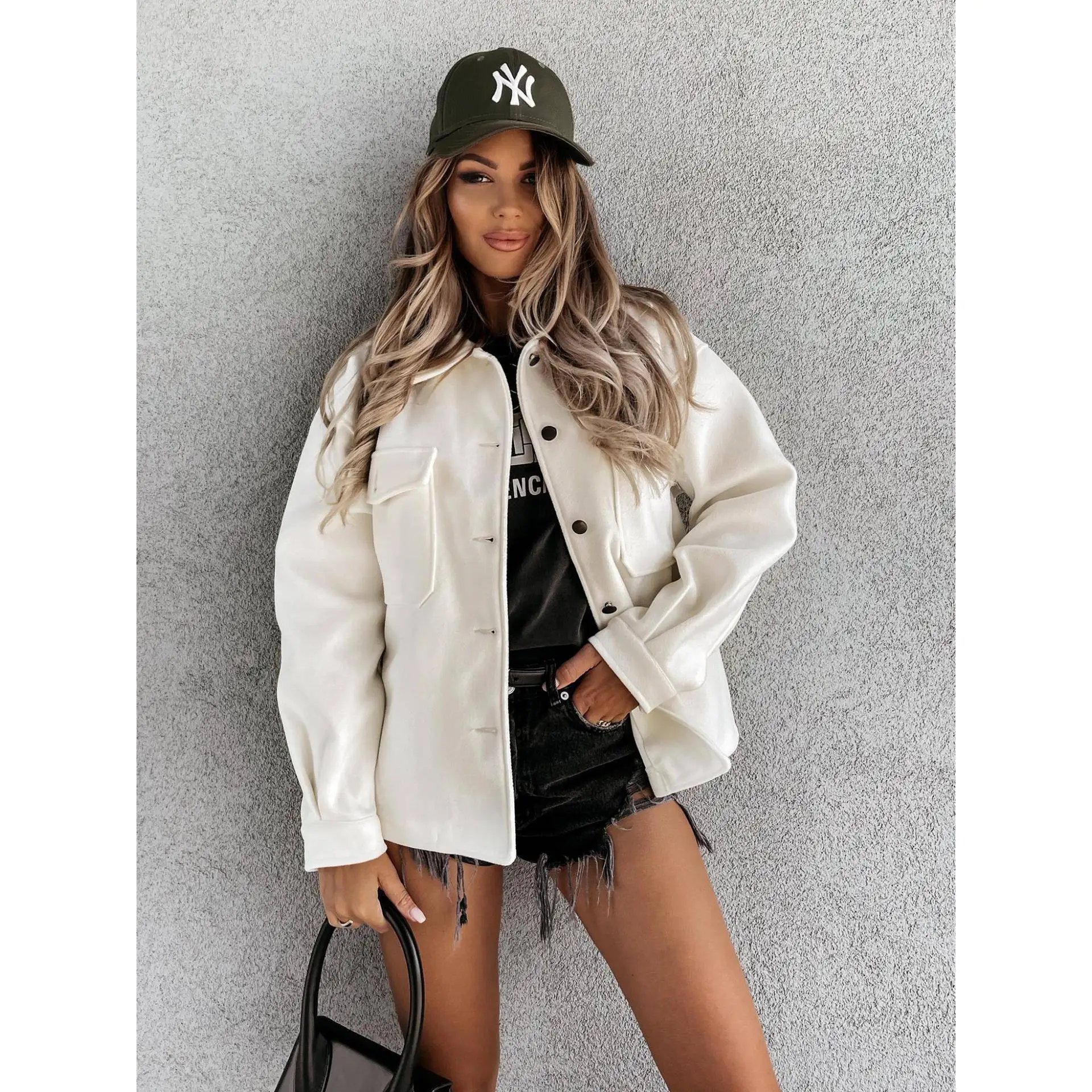 

Faionable Pure Color Single Button Woolen Coat Casual Outerwear Ele Long Sve Mid-Length Polyester Fibre Women's Jaet