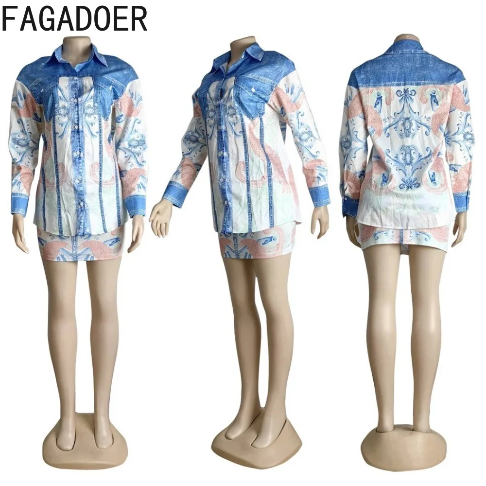 Fagadoer blau Retro-Print-Shirts zweiteilige Sets Frauen Turndown Kragen Knopf Langarm Top und Miniröcke Outfits Kleidung