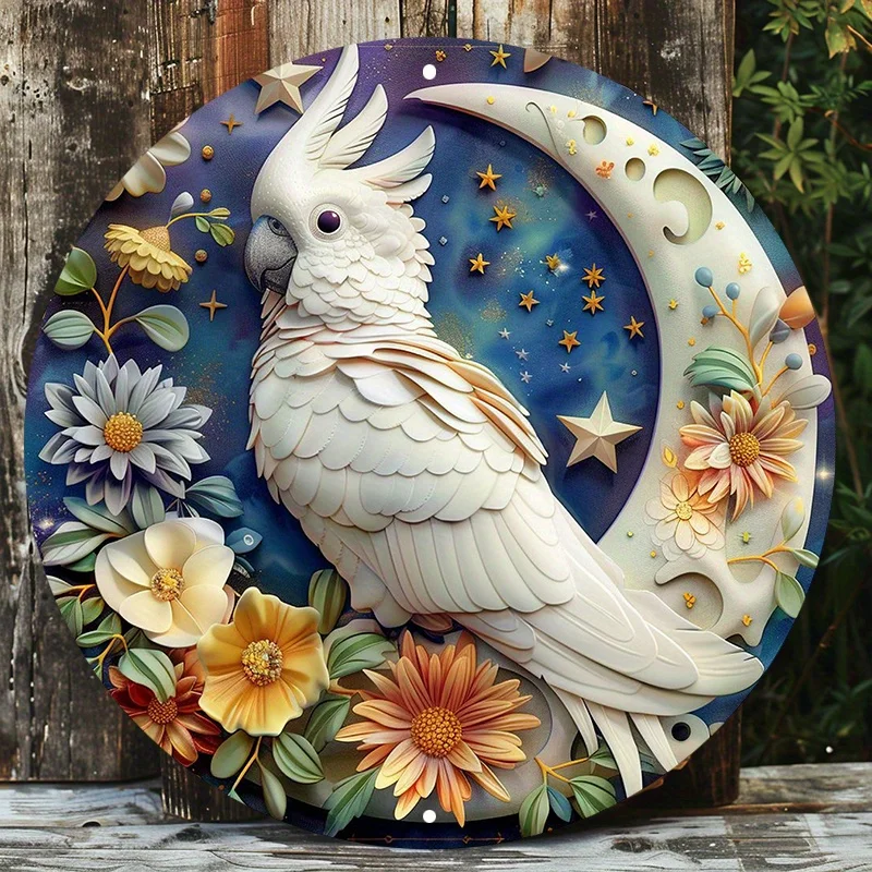 Aluminum Wall Art Sign 20.32x20.32cm - Celestial White Cockatoo & Floral Design, UV & Scratch Resistant, Pre-Drilled, Waterproof