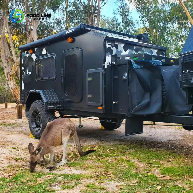 Custom Small Offroad Camper RV Caravan Trailer Independent Suspension Electric Brake With Tent Kitchen For Camping Trips