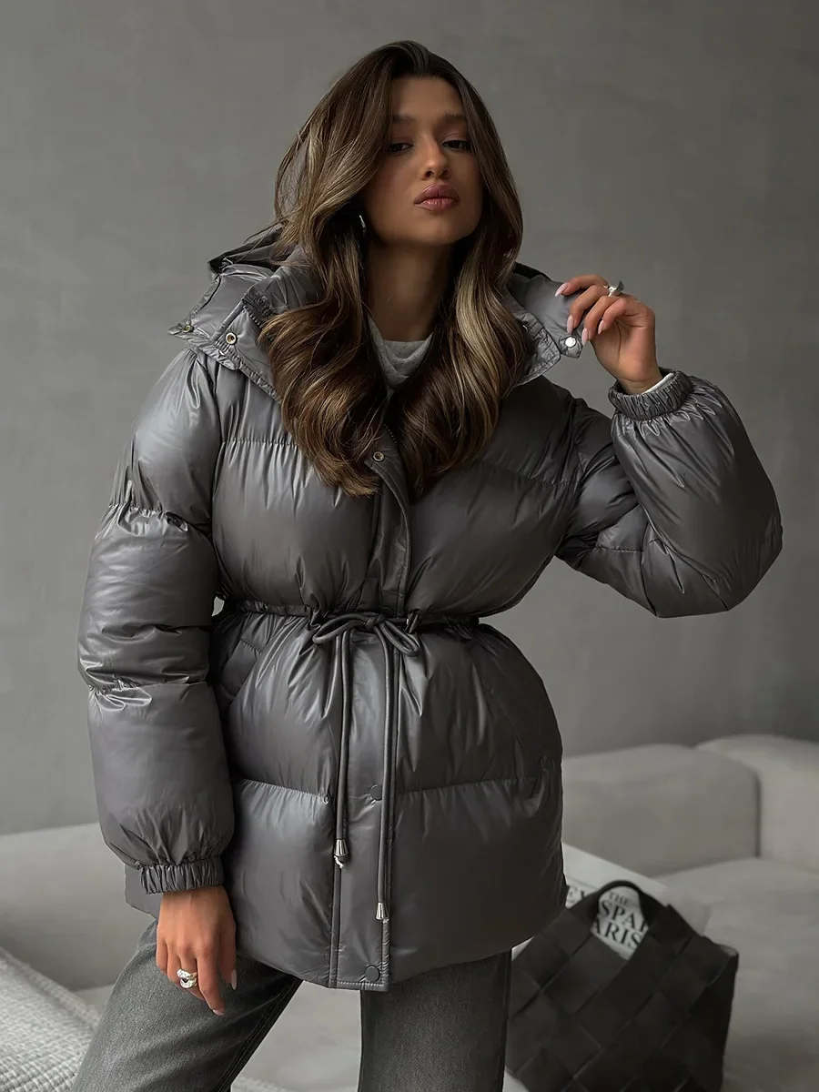 Fmxires 2025 Nuova giacca in cotone slim fit con coulisse Giacca invernale da donna in cotone con cerniera con cappuccio Comoda giacca da pane calda