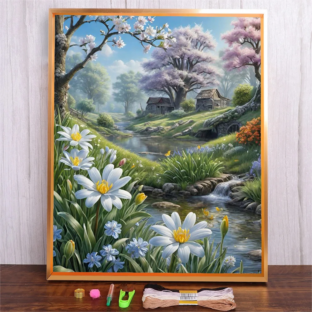 

Landscape DIY Floral And Scenery Patterns Handmade Cross Stitch Kit 14CT 11CT Counted Fabric Cotton Thread Embroidery Set