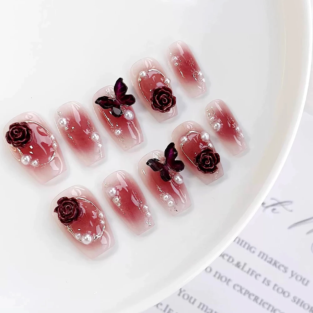 

24Pcs Retro Wine Red Butterfly press on nails Y2K Handmade Fake Nails #Spring 3D Rose Pearl Gradient Acrylic Gel False Nail Tips