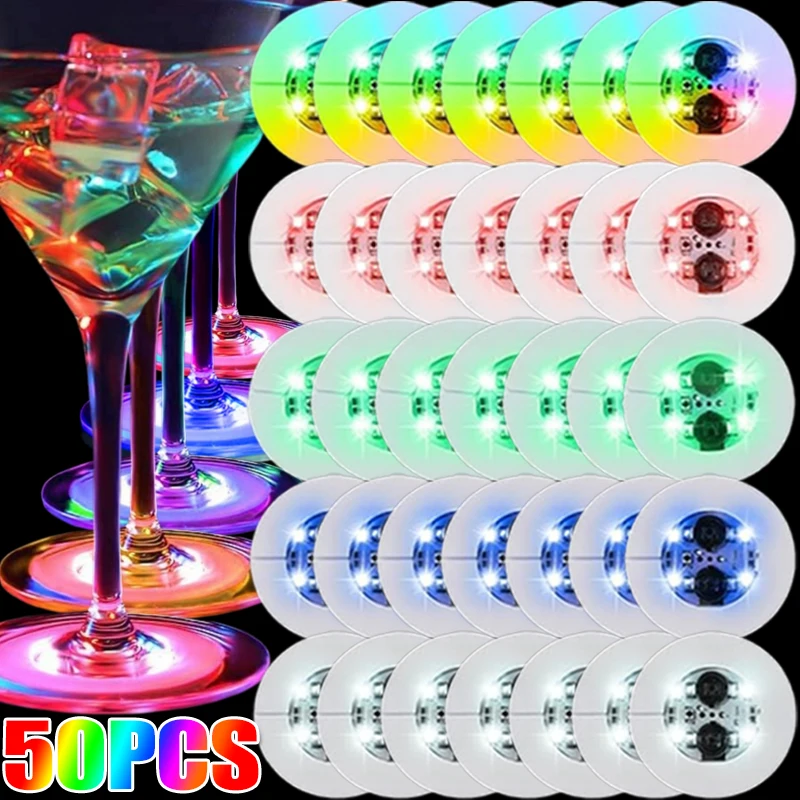 Luminous LED Flash Coaster Garrafa Adesivos, copo de vinho Mats Lâmpada, Ktv Bar, festa de casamento, Cocktail Drink Copos, vaso Decoração Luz, 5 pcs, 50pcs