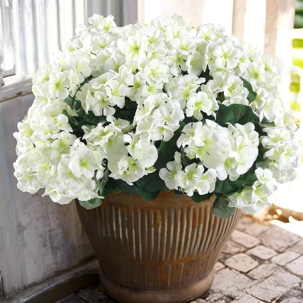 Non Perishable Artificial Geraniums for Continuous Use in Entryways Hallways Stair Landings and For Outdoor Seating