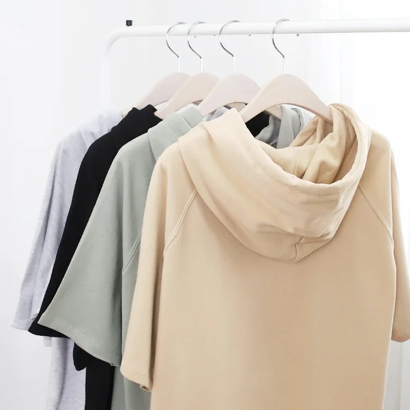 Summer Thin Short Raglan Sleeve Hooded Hoodies Korean Style Split Solid Color Pullovers Drawstring Casual All-Matched Sweatshirt