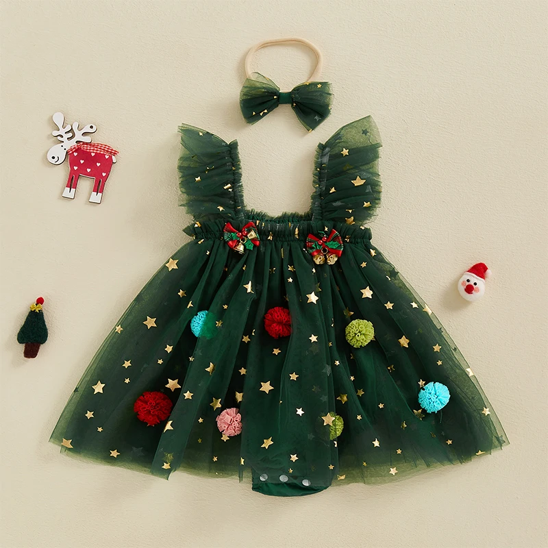 Baby Girls Rompers Dress Christmas Clothes Bobbles Bells Decor Mesh Skirts Hem Sleeveless Bodysuits with Headband 2 Pieces Sets