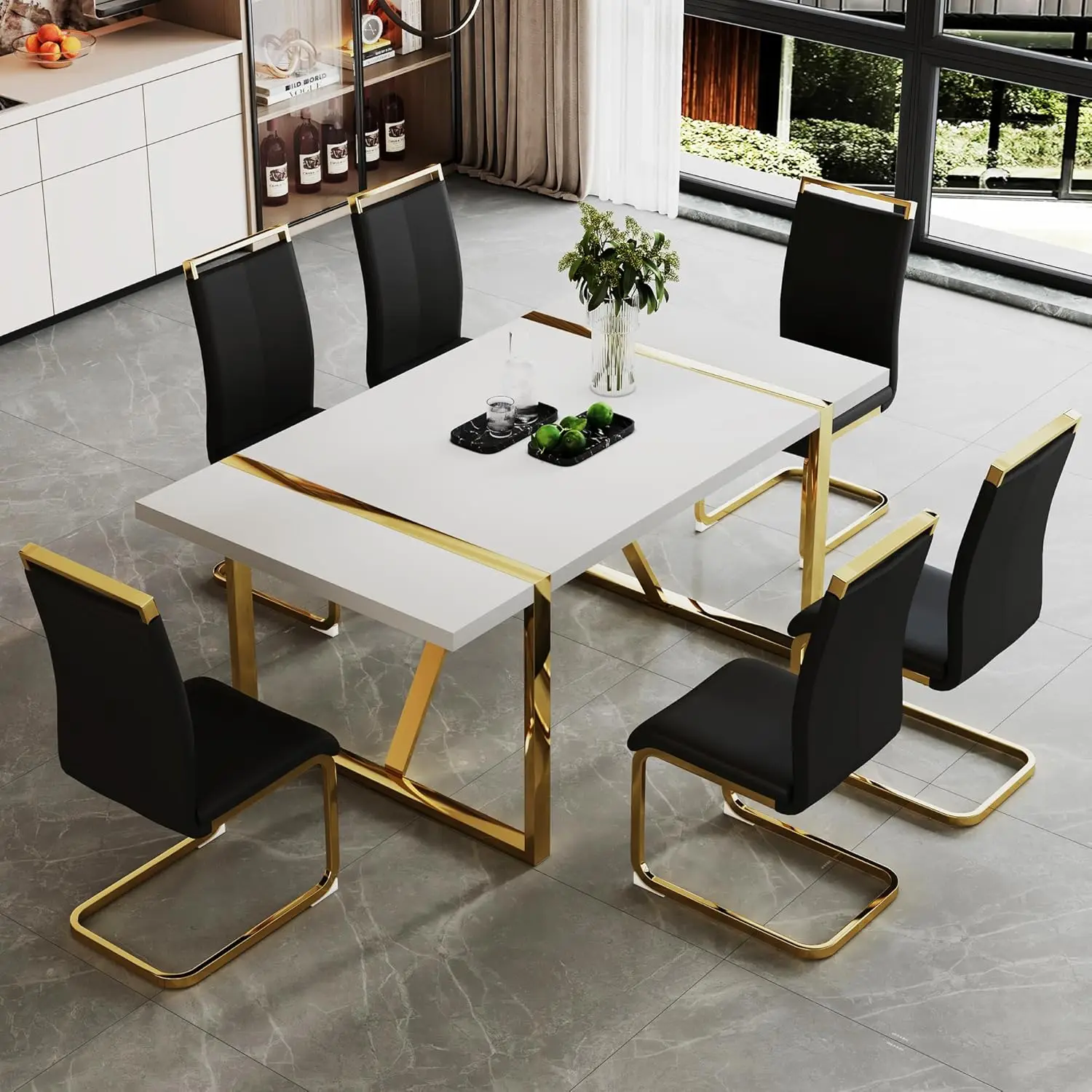 6 sets of rectangular MDF kitchen dining tables and leather dining chairs, 7 sets of dining tables