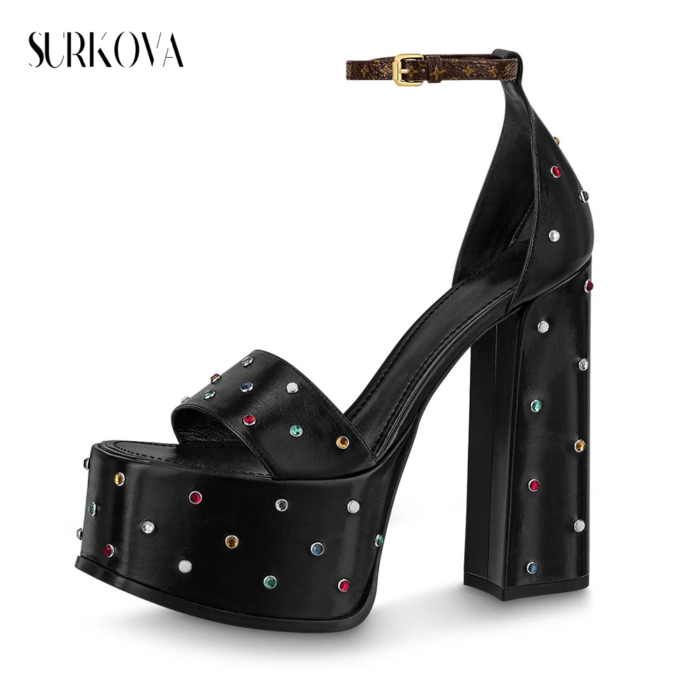 

Black Pu Leather Colorful Diamond Sandals Blingbling Rhinestones Open Toe Ankle Buckle Super High Heel Fashion Runway Shoes New