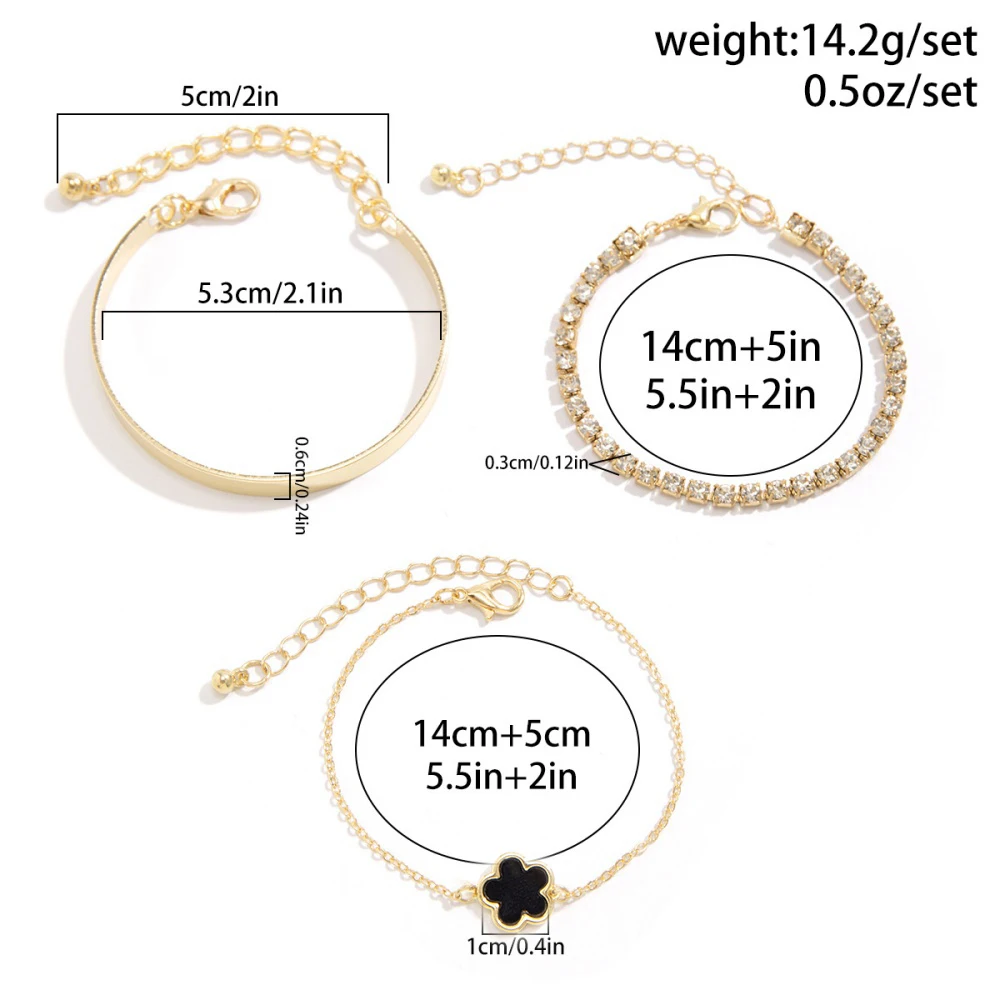 MEDFOLY 3Pcs 14K Gold Plated Lucky Flower Bracelet Set Stainless steel Crystal Zircon Tennis Bangle Hand Chains for Lover Gifts
