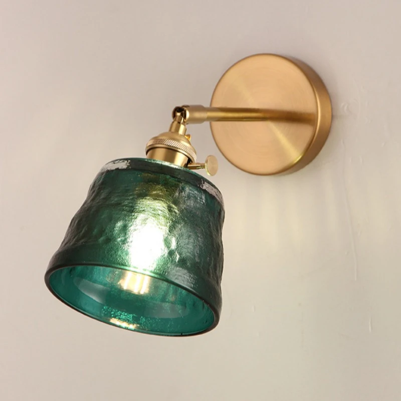 Japanese Dark Green Literary and Artistic Style Hammer Glass Lights Bedroom Balcony Mirror Bedside Lamp Brass Small Wall Lamps