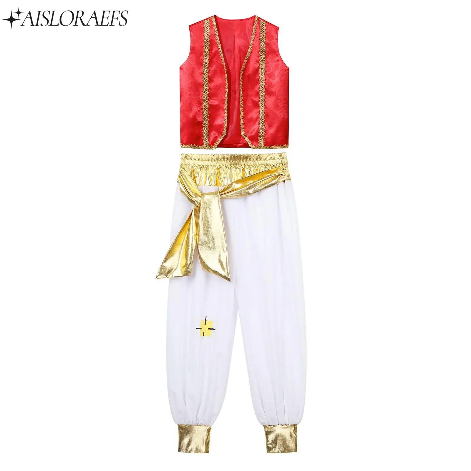 

Boys Roleplay Arabian Prince Costume Set Sleeveless Braided Trimming Waistcoat with Pants for Halloween Dress Up Performance