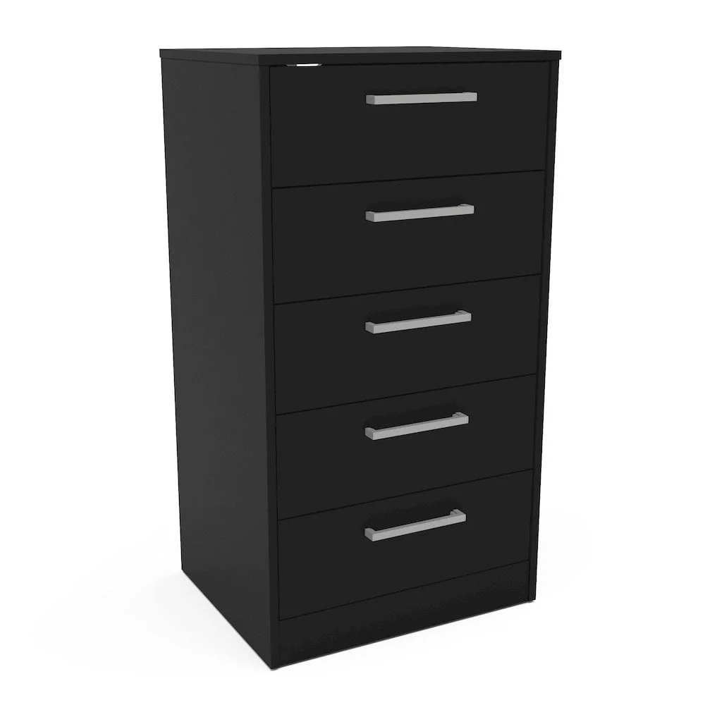 Commode à 5 tiroirs, unité de rangement, bois d'ingénierie noir, finition mélamine, résistant aux rayures, système Anti-basculement, patins à roulement à billes