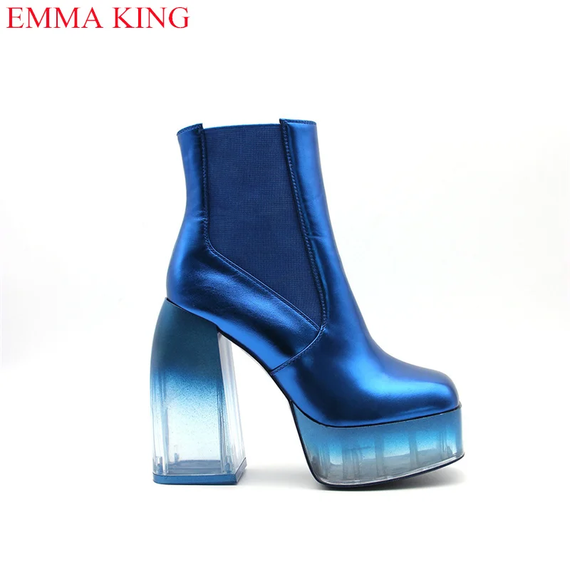 

New Transarent Thick Bottom Ankle Boots For Women Crystal Chunky High Heels Platform Short Booties Party Stage Ladies Shoes 2023