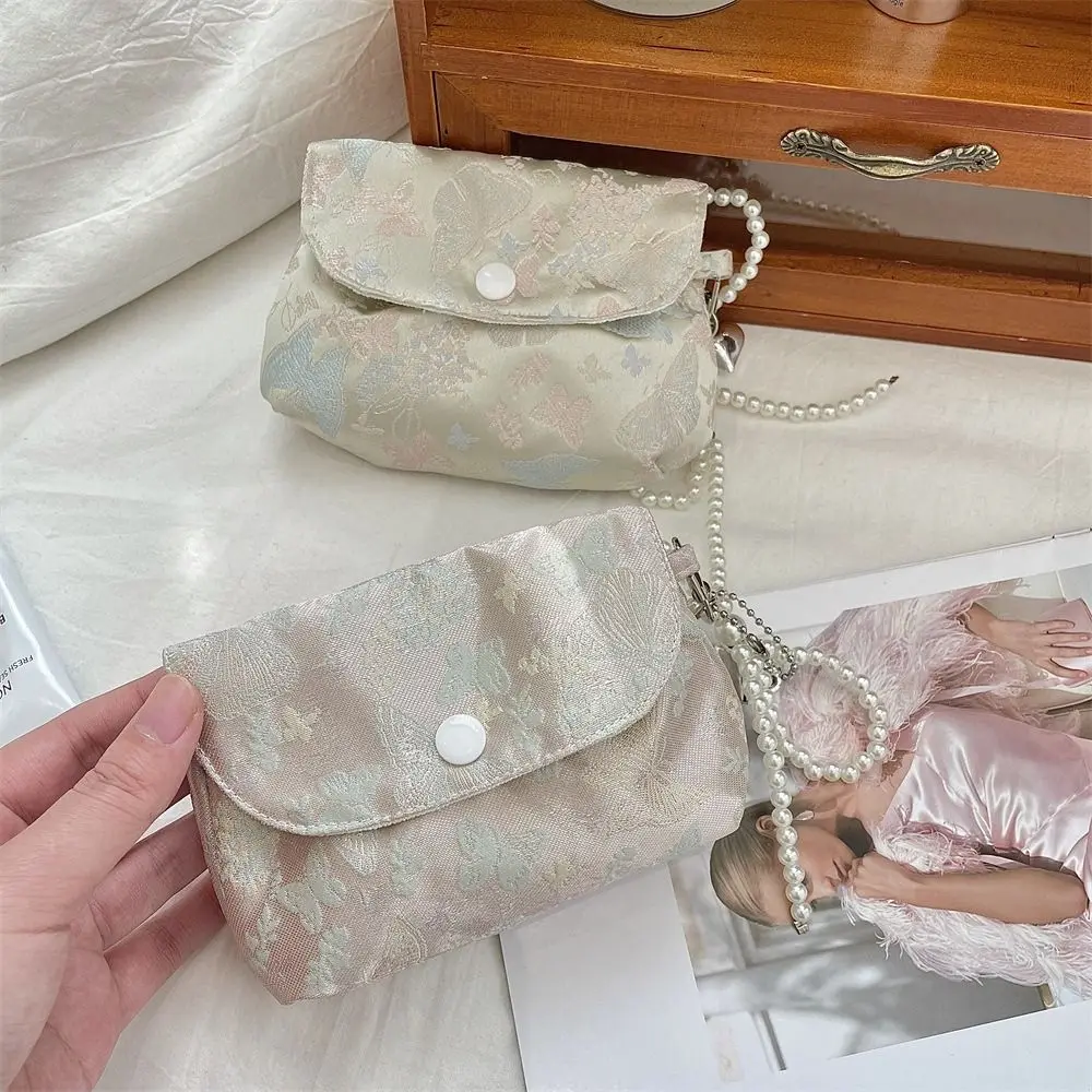 

Cute Embroidery Button Coin Purse Butterfly Pearl Keyring Small Lipstick Bag Lightweight Sweet Chinese Style Storage Bag Travel