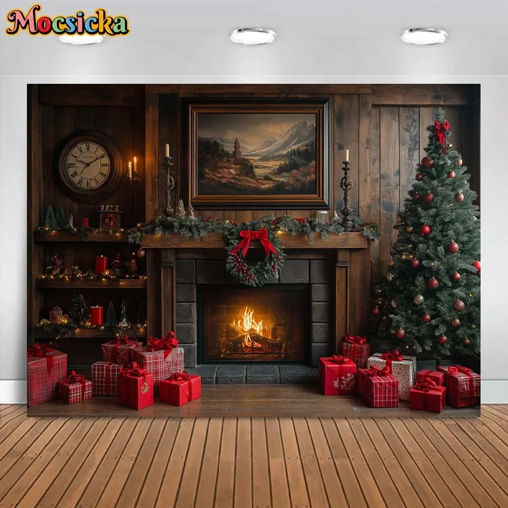 Mocsicka Christmas Photography Backdrop Wooden Wall Fireplace Xmas Tree Gift Box Family Portrait Photo Background Shooting Props