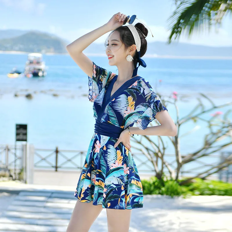 Conservative plus Size  Swimsuit for Women Thermal Spring Bathing Trendy Casual Style Short Sleeve Body Shaping