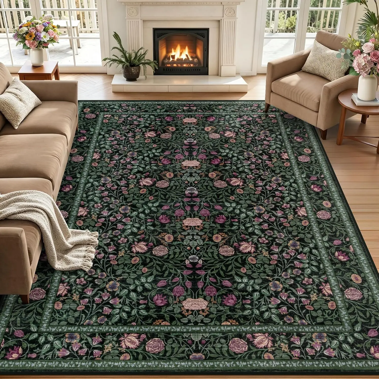 Vintage Floral Area Rug Carpet Boho Washable Vintage Rug Cozy Home Floor Mat Lounge Office Apartment Indoor Bohemian Kitchen